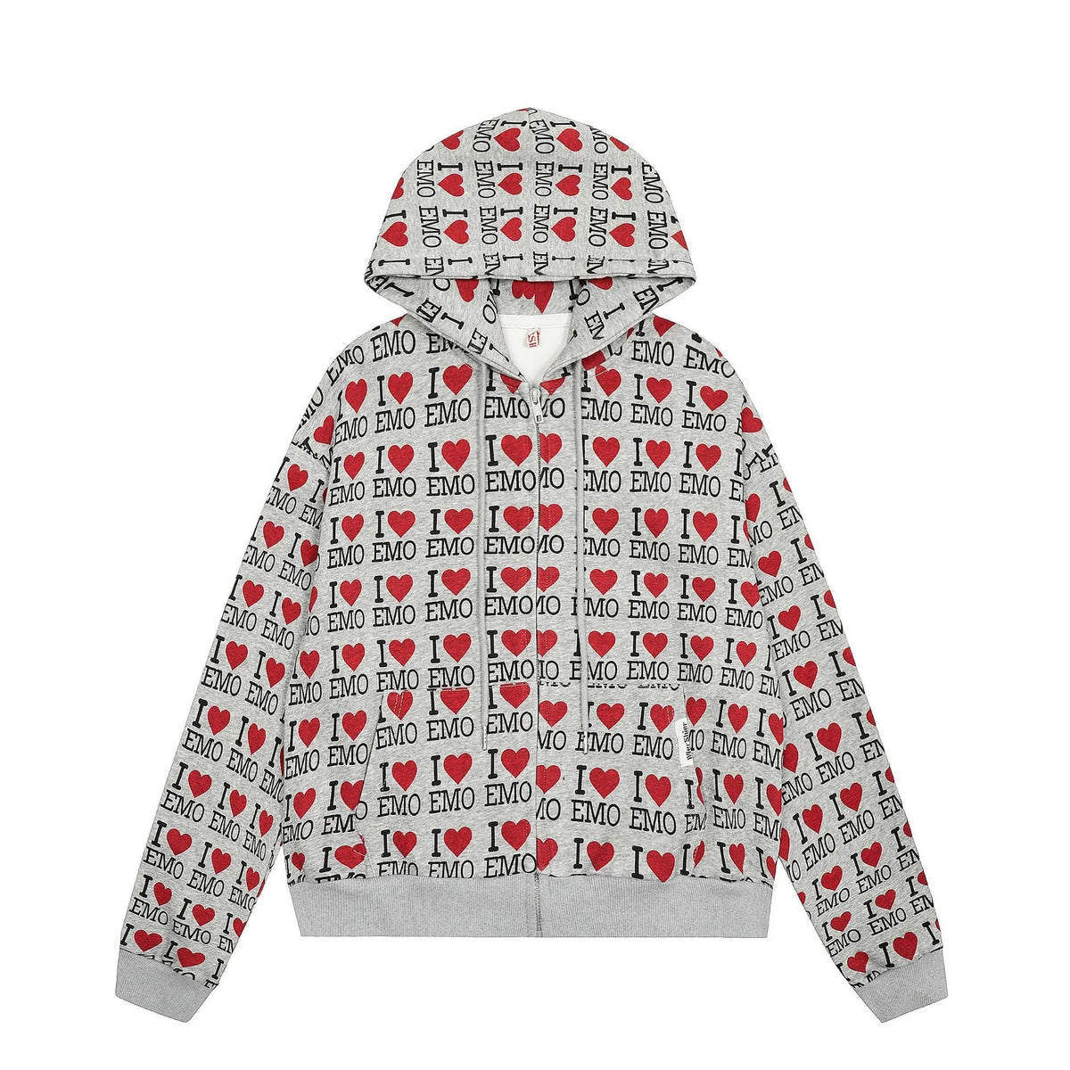 Women's mixed grey retro pattern hooded cotton cardigan sweater on a hanger.