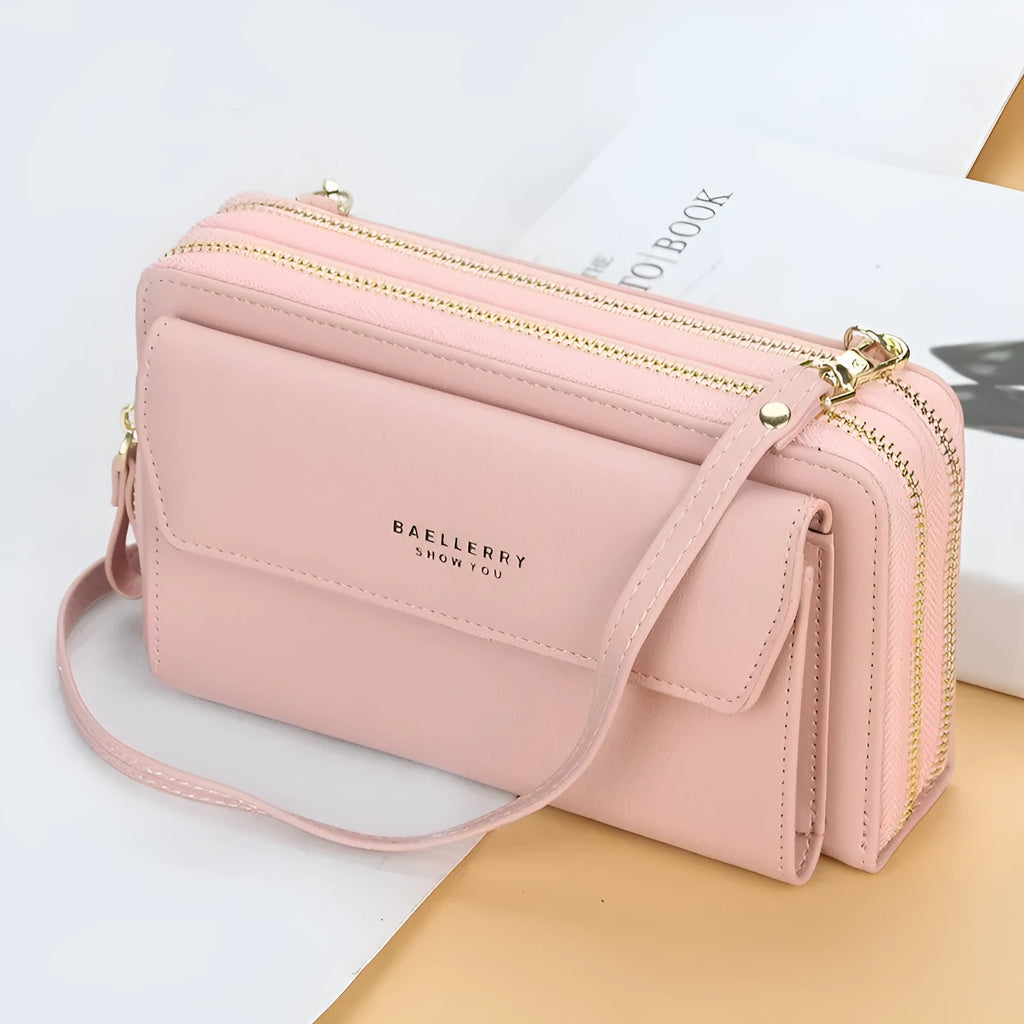 Soft PU leather ladies long wallet with double zip, shown in one of six colours, featuring a horizontal square shape.