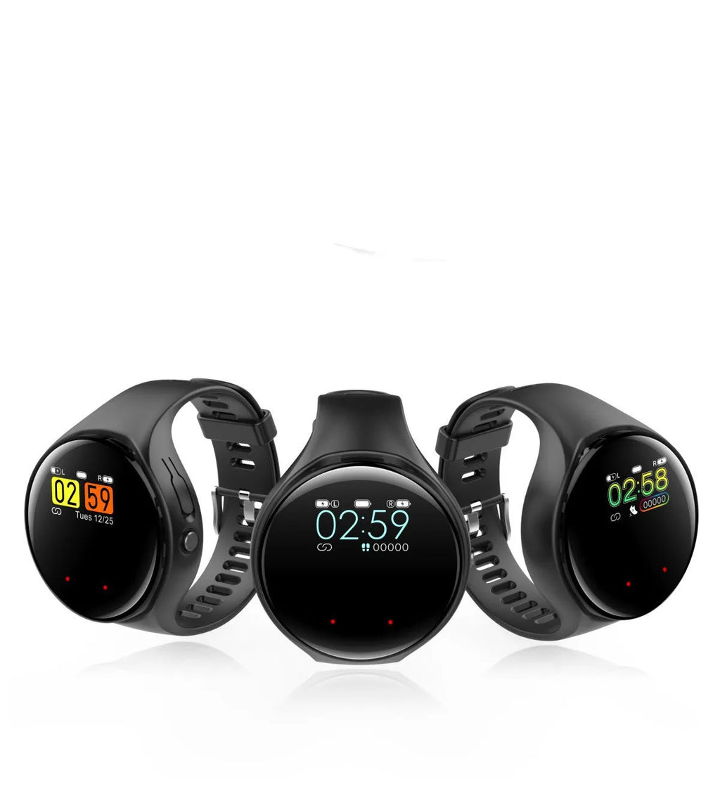 Black smart fitness bracelet with detachable Bluetooth earbuds for heart rate and step tracking