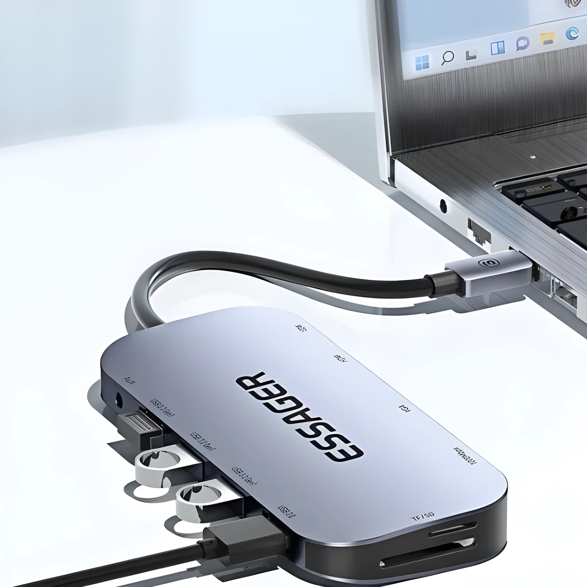 11-in-1 USB-C expansion hub with attached cable and Gigabit Ethernet port on a desk.