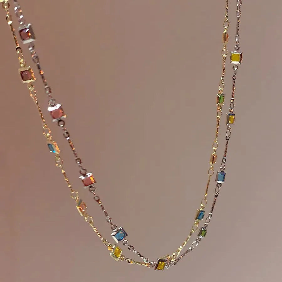 Square artificial crystal geometric clavicle chain necklace with gold plating