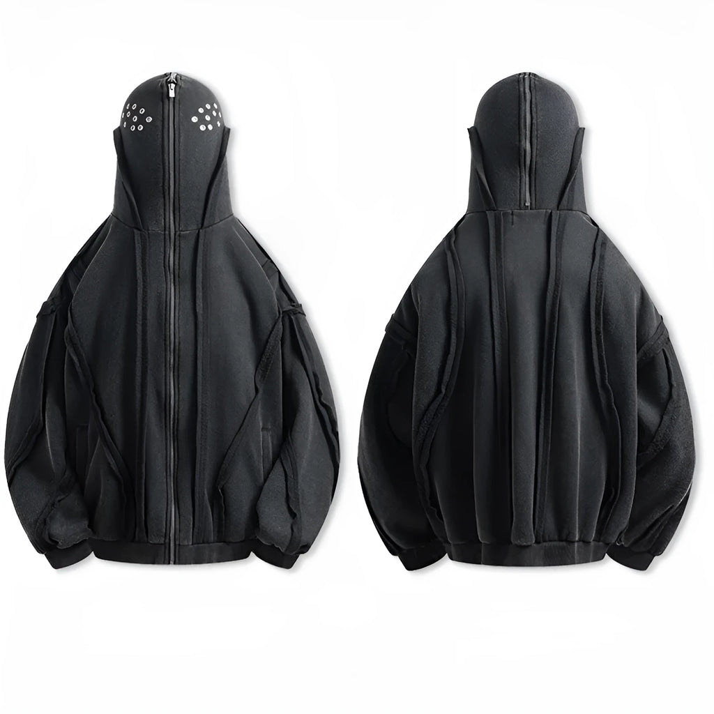 Black retro loose fit cotton coat with a zip front, hood, and abstract pattern detail.