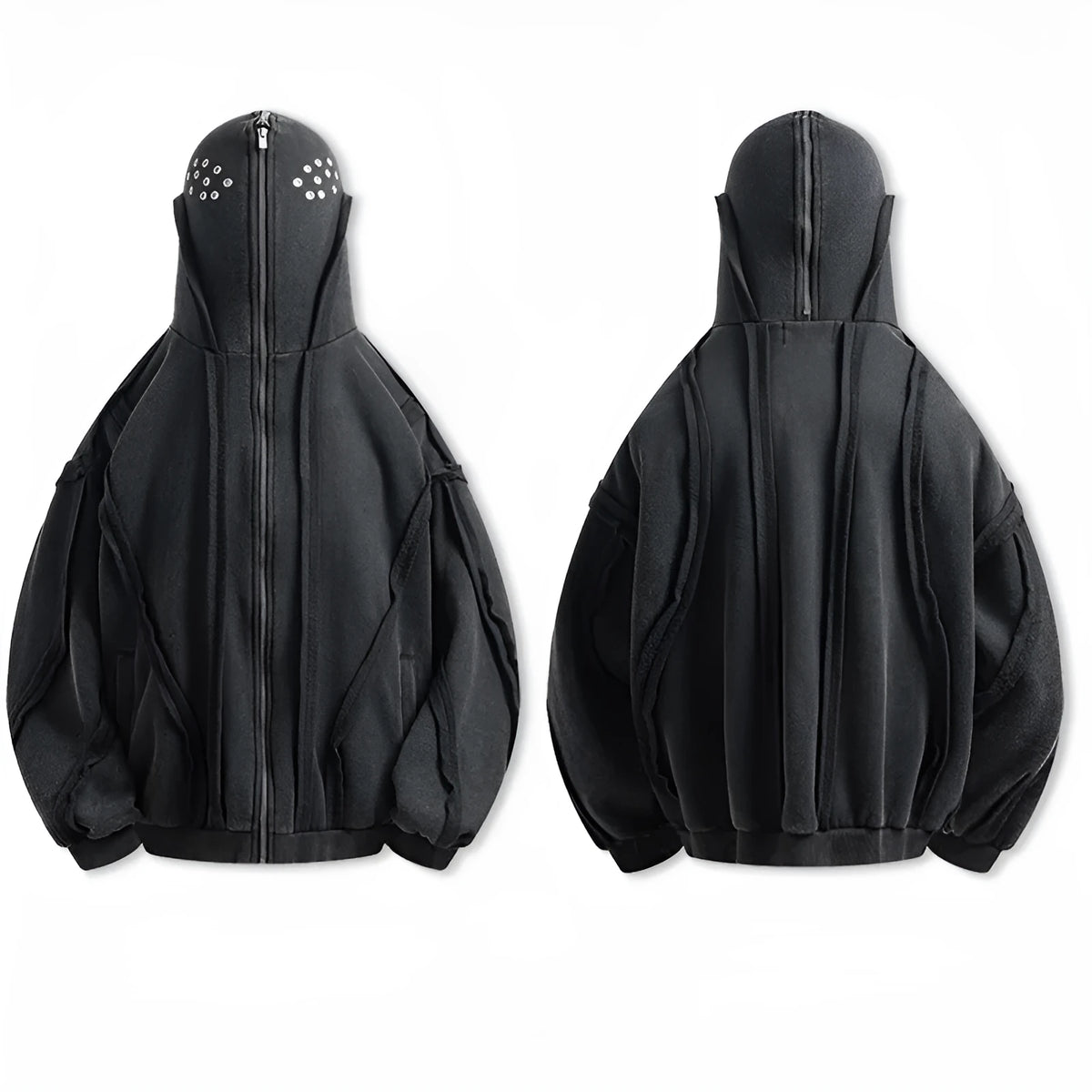 Black retro loose fit cotton coat with a zip front, hood, and abstract pattern detail.