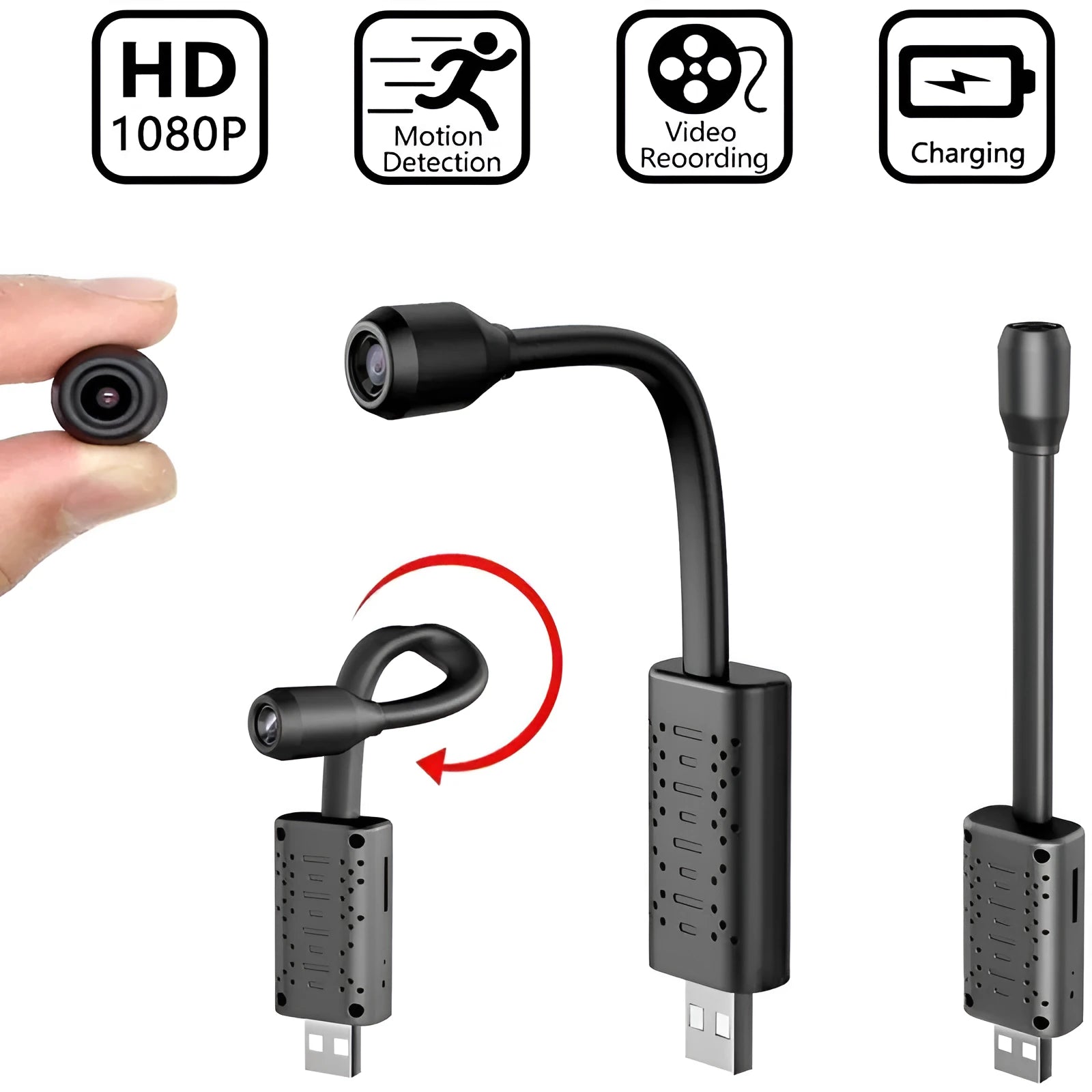 Black V380 wireless USB HD security camera showing its compact size and USB connection port.