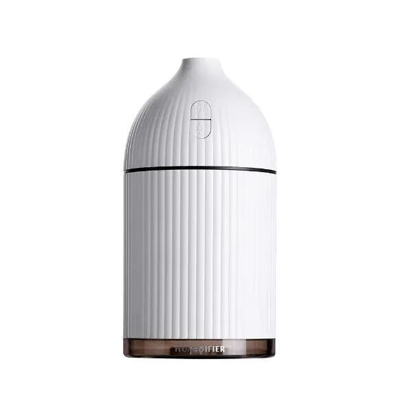 White USB-powered 300ml aromatherapy diffuser with LED light showing compact dimensions