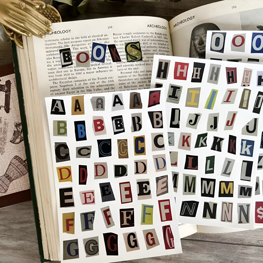 Set of English letters and numbers symbol stickers in cute style with printed alphabet and weekly words