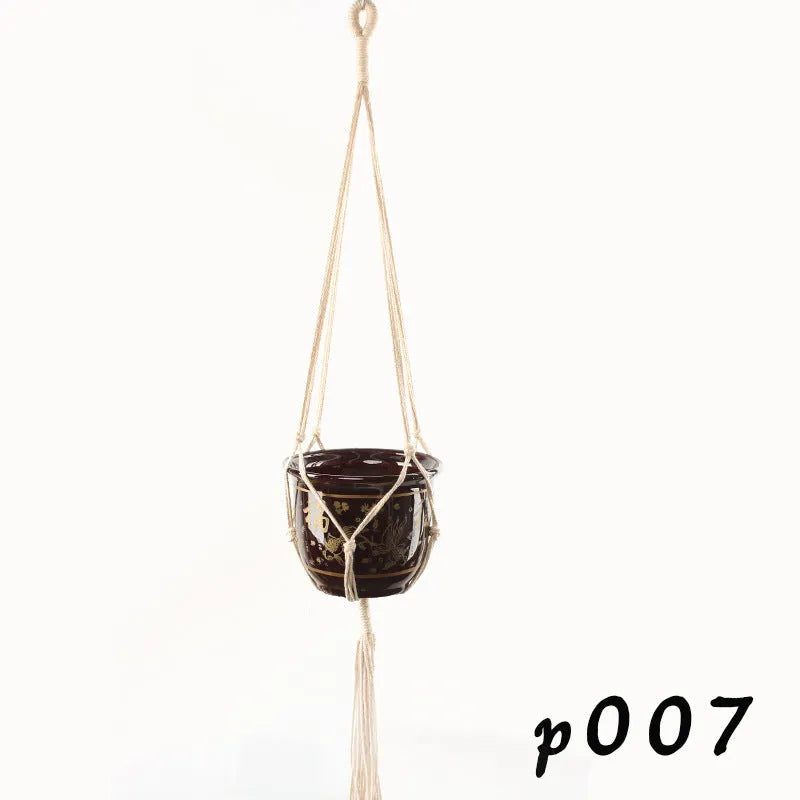 Cotton rope woven wire basket planter shown in desktop, wall hanging, and hanging configurations