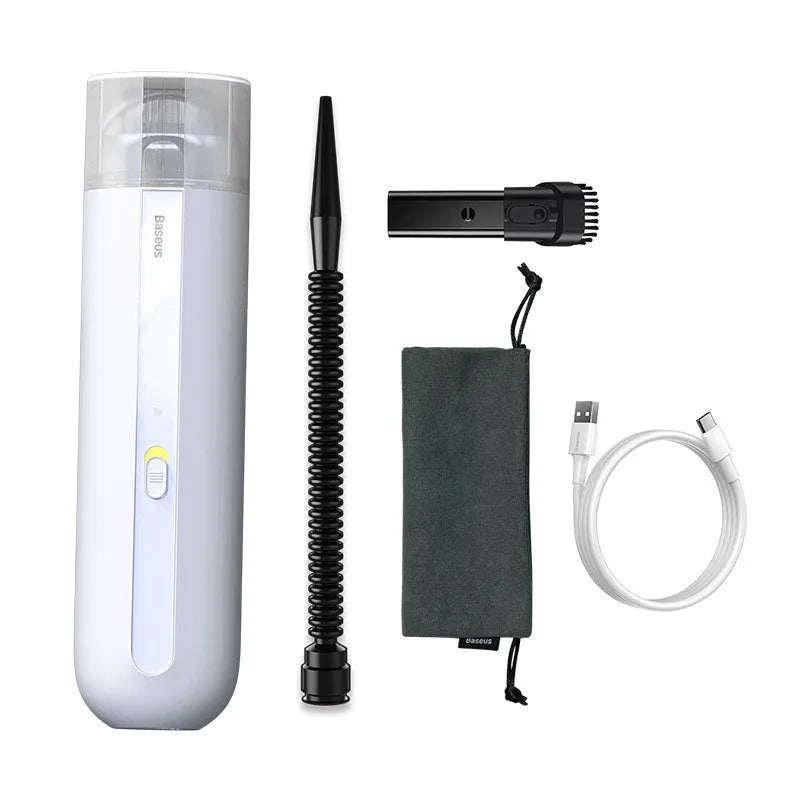 Baseus handheld cordless car vacuum cleaner in black, white, or green with blowing hose attachment.