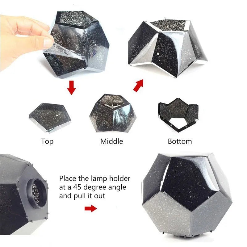 LED star projector night light showing constellation projection on bedroom ceiling with remote control