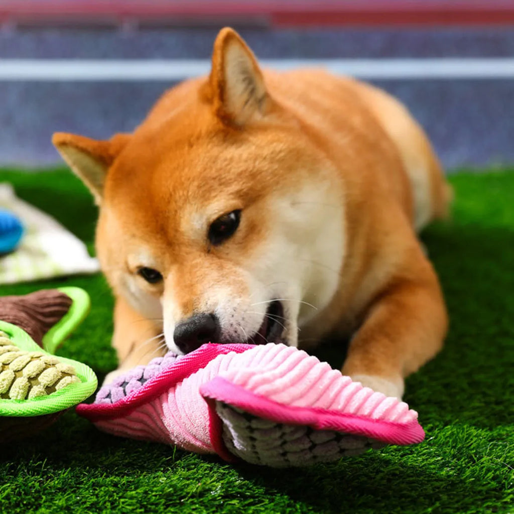 Blue dog toy with a squeaker bone, showing soft corn fleece lining and bite-resistant texture.