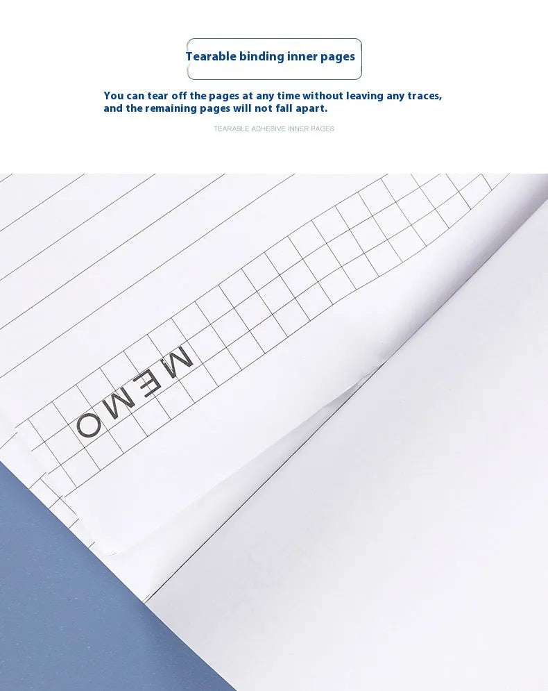 A4 tearable notebook with grid-lined pages and paper cover, showing adhesive binding.