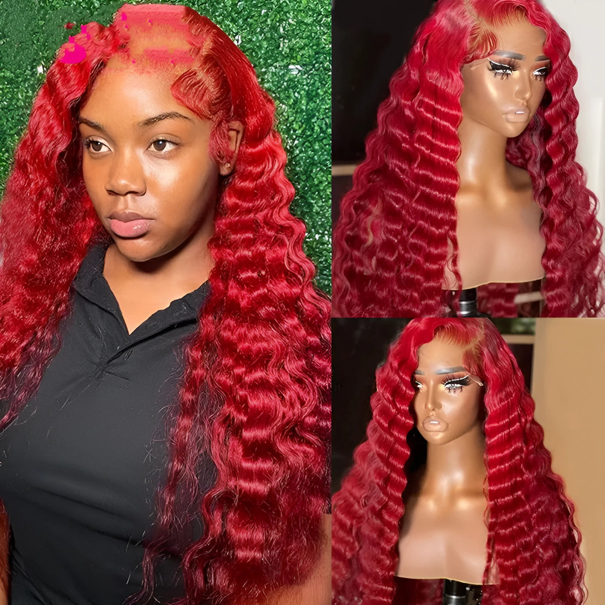 Red deep wave human hair wig, fully hand-woven, available in 12-34 inch lengths, with T-shaped head cover option.