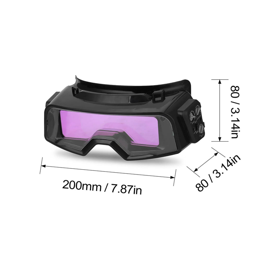 Black automatic darkening welding mask with large viewing window and adjustable controls