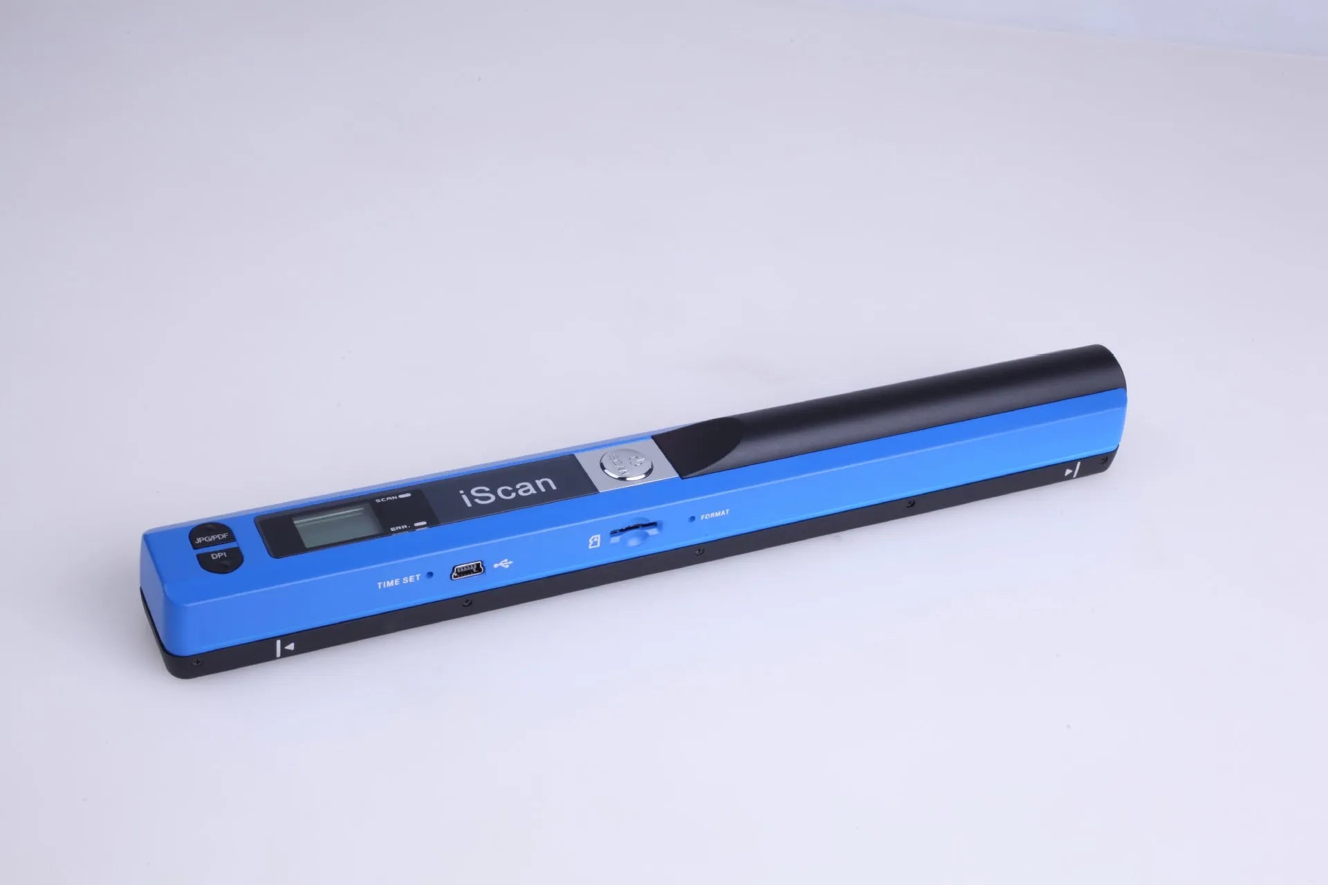 Handheld plastic scanner shown in black, blue, green, red, and silver colour options.