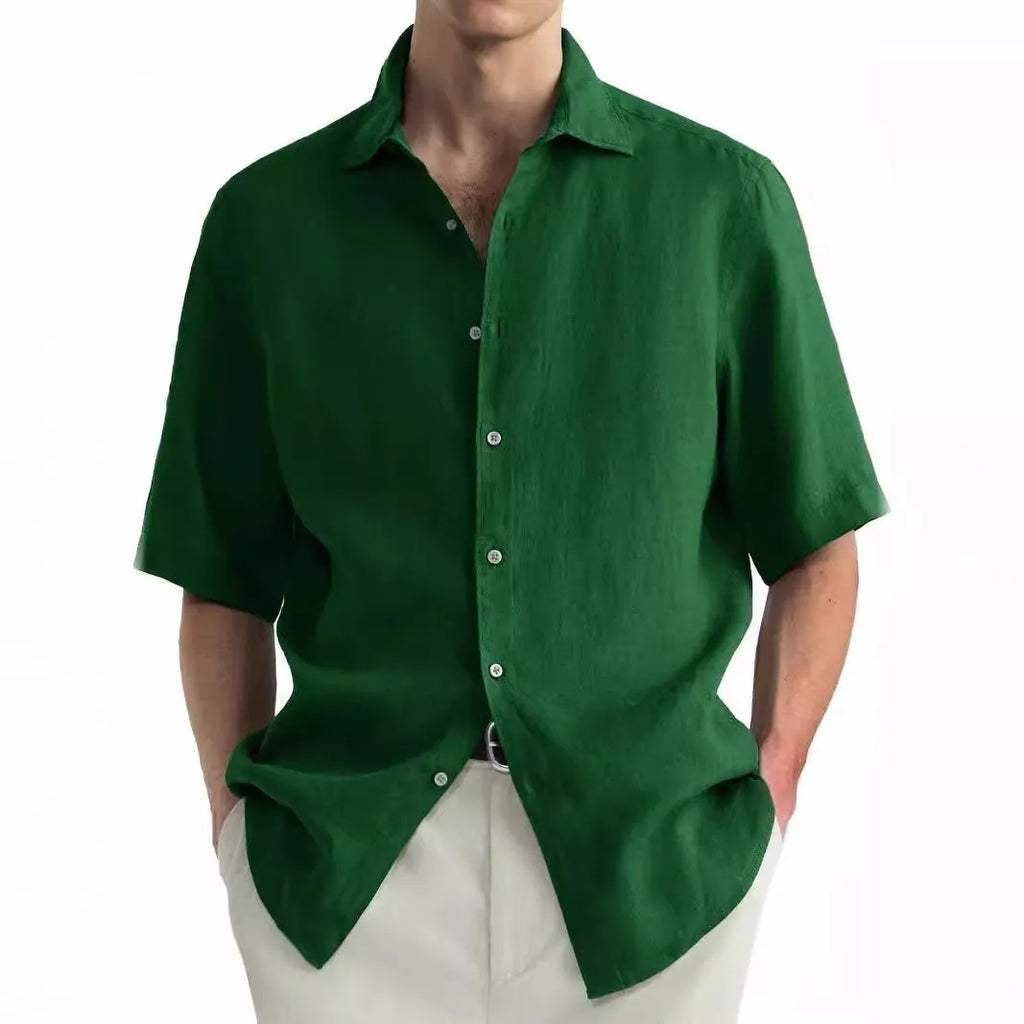 Green washed cotton men's casual shirt with a cardigan style and regular fit on a hanger.
