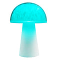 Mushroom-shaped RGB colour-changing ambience light with remote control on wooden surface