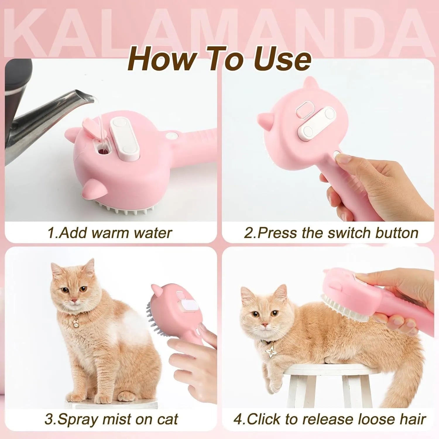 Blue pink yellow cat steam brush with ergonomic handle and release button for pet grooming