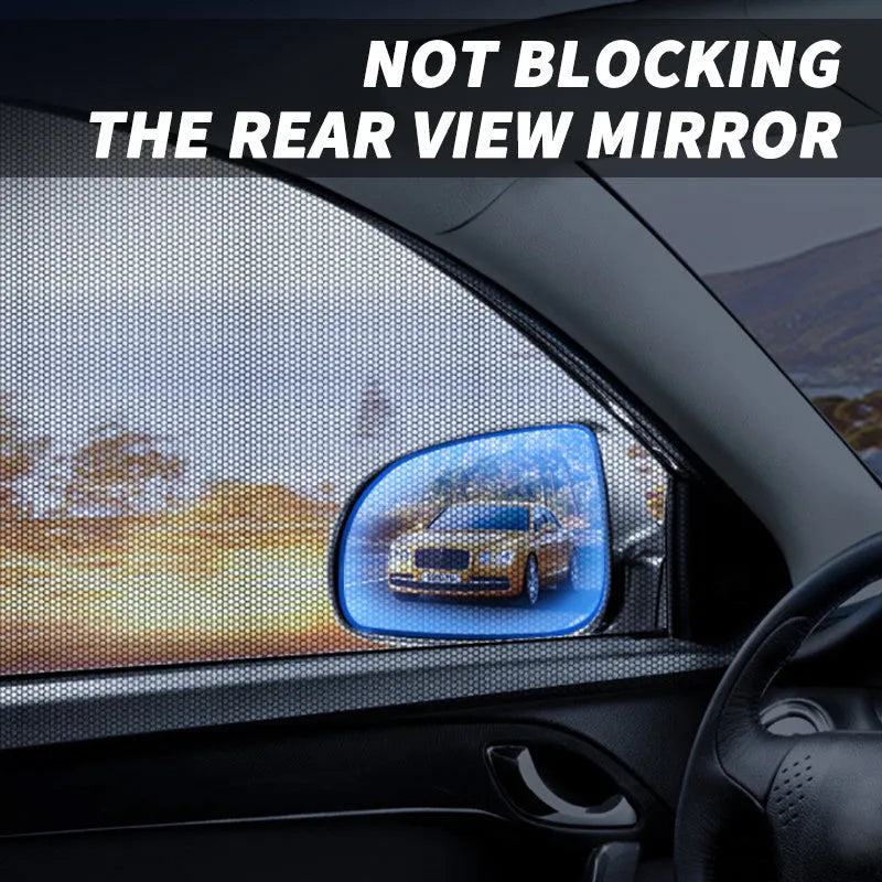 Set of four non-woven fabric mesh sunshades installed on car front and rear side windows.