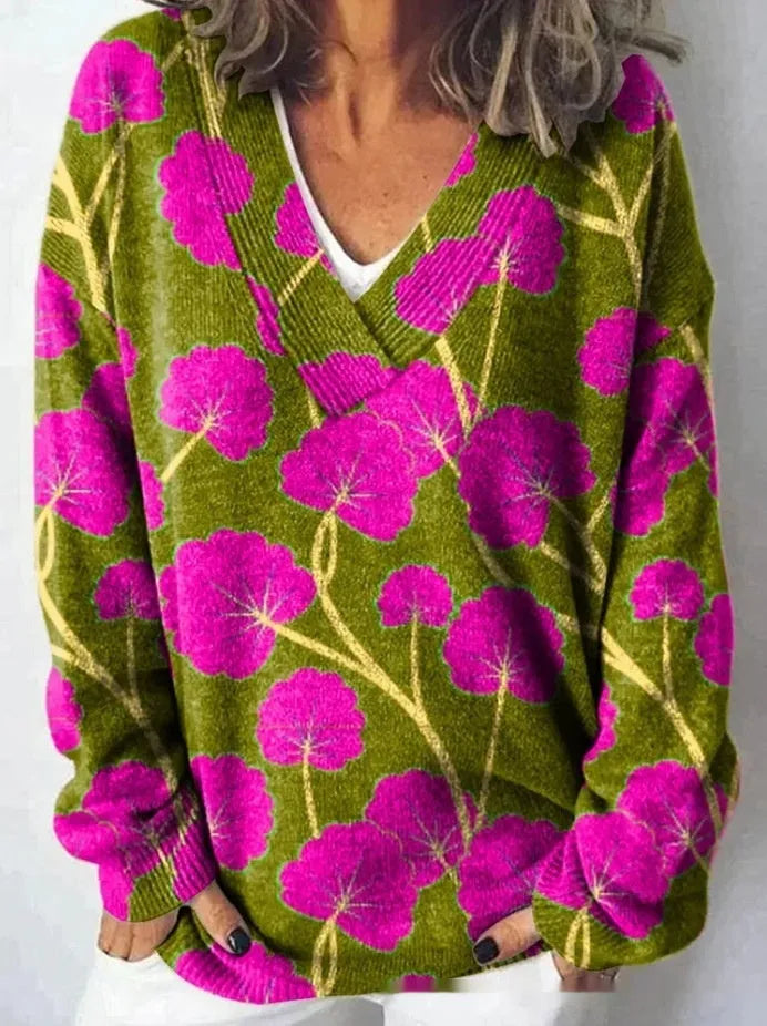 Women's long sleeve floral print sweatshirt with 3D effect in wool woven polyester fabric