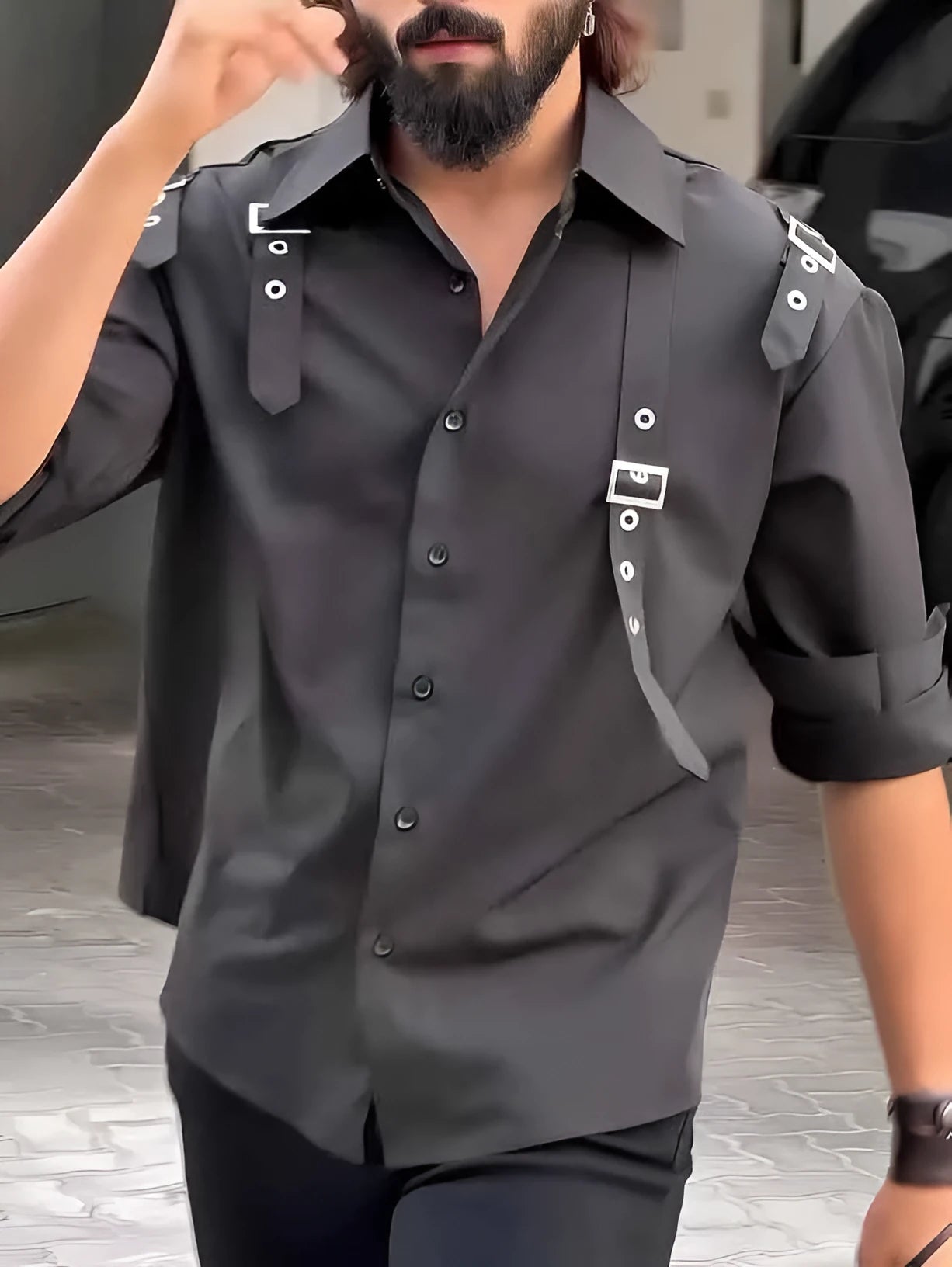 Black polyester button-up shirt for men showing regular fit and standard length design