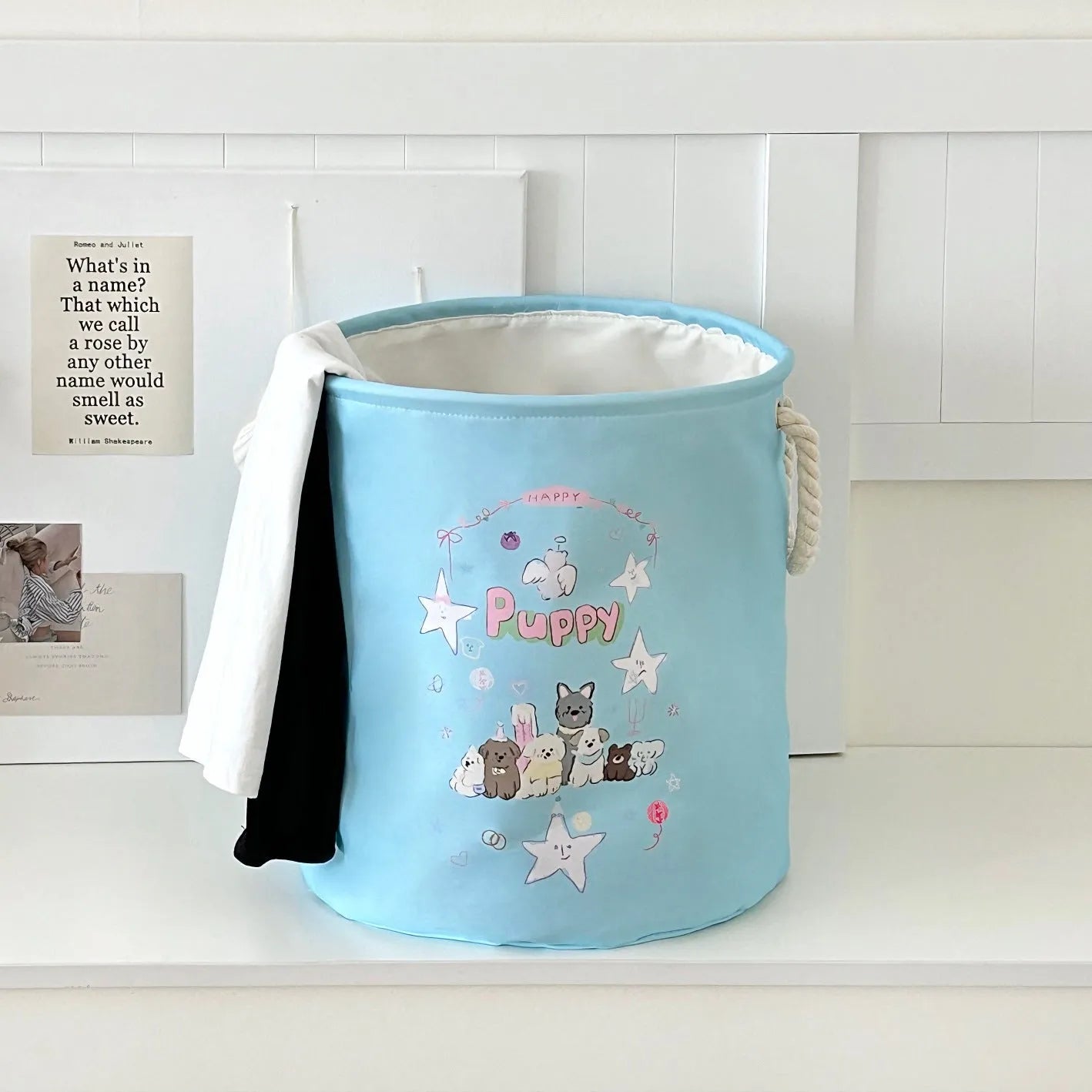 Foldable cotton cloth laundry basket with bear print design for bedroom storage