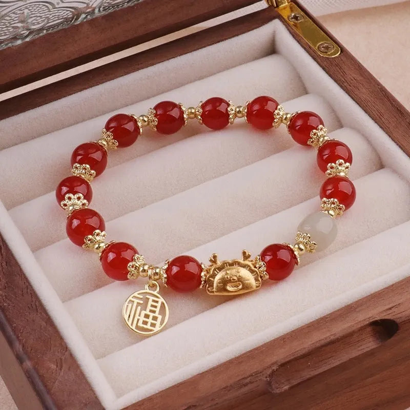 Glass floral ice crack bracelet with coloured glaze, red beads, pink beads, and white pearl accents