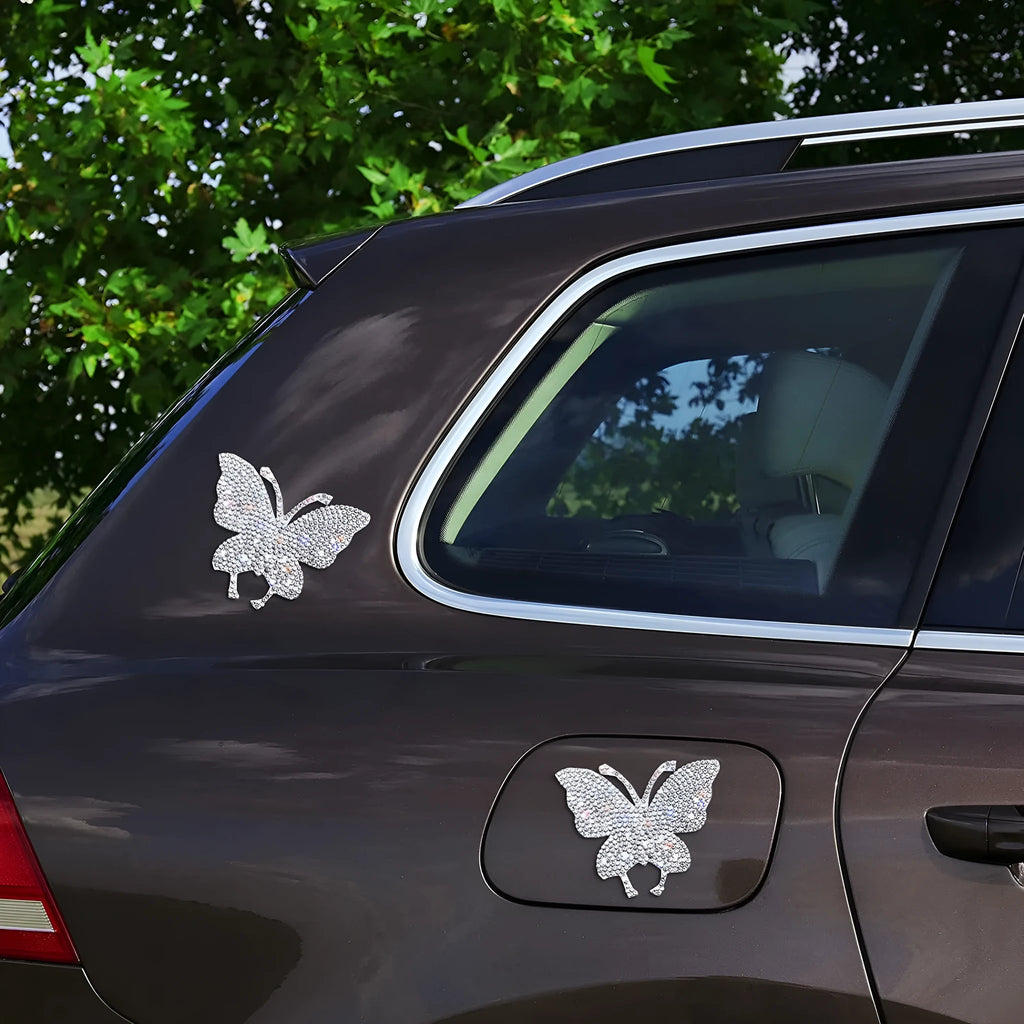 White diamond glass car sticker featuring a bear paw and butterfly design measuring 7x6cm
