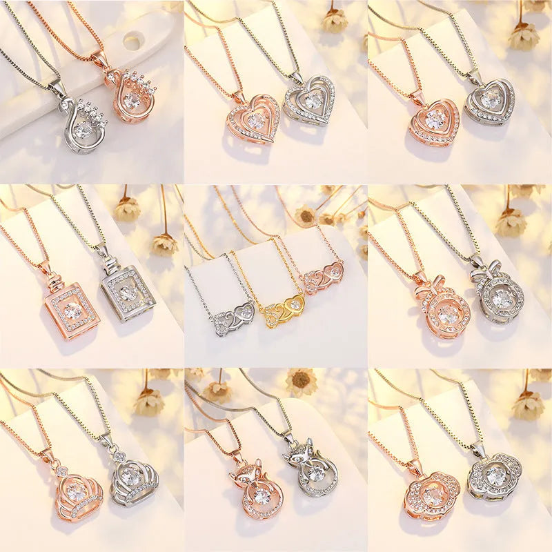 Copper heart-shaped pendant necklace with crown and bow details in rose gold or silver colour
