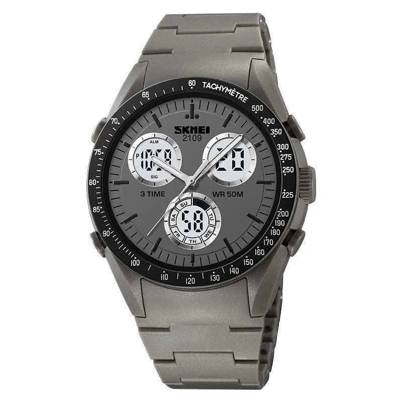 Electronic casual watch with a 50m waterproof rating shown in various colours including camouflage, on a flexible TPU strap.
