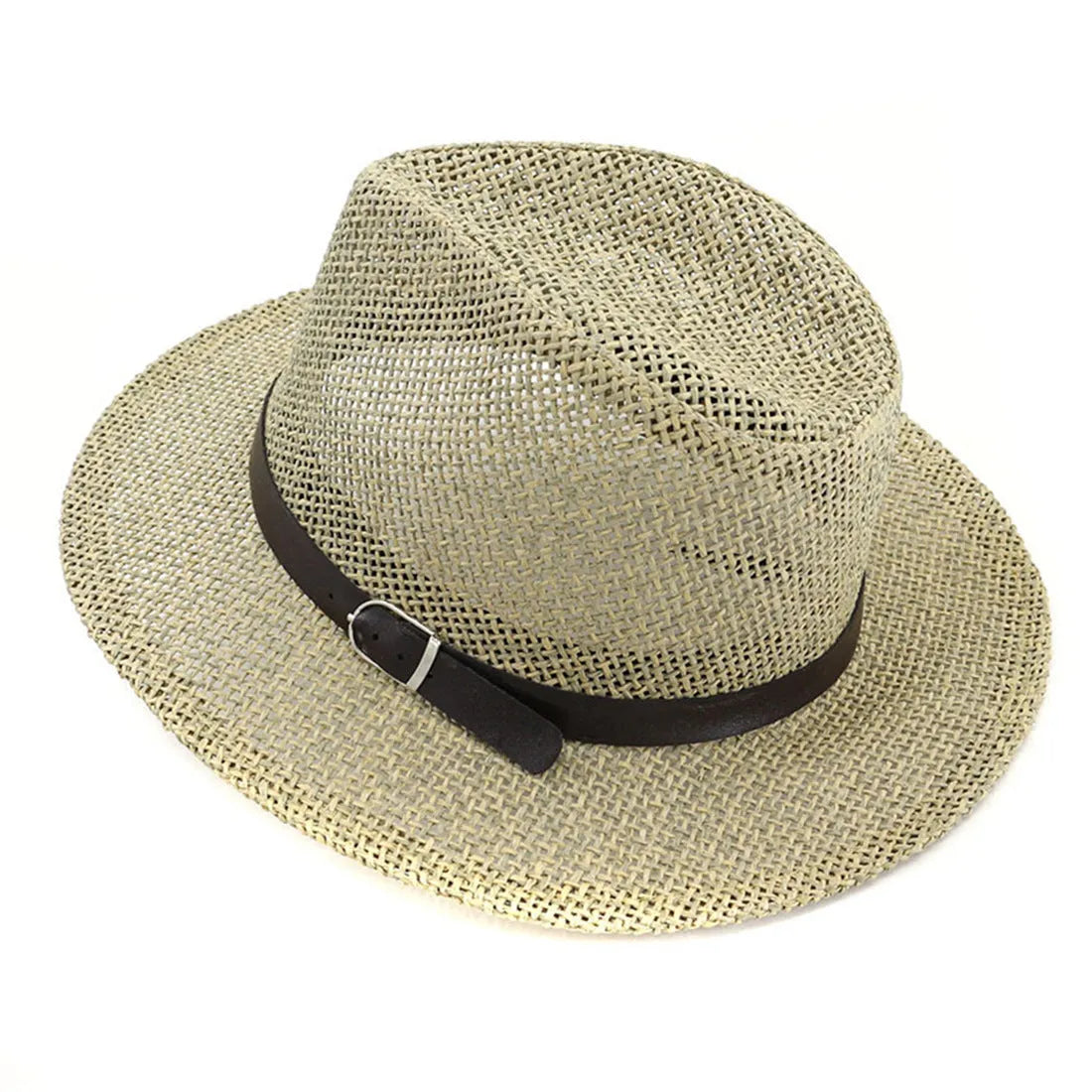 Khaki salty grass Panama sun hat with bell crown, size M 56-58cm, unisex summer beach hat