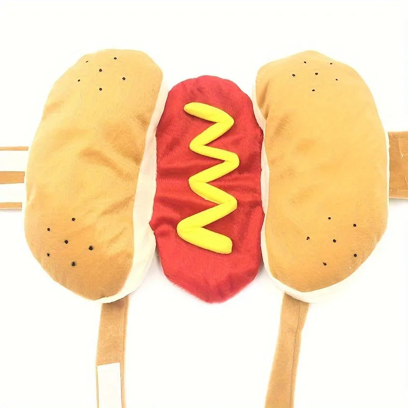 Hot dog costume on small dog with soft plush fabric and adjustable straps