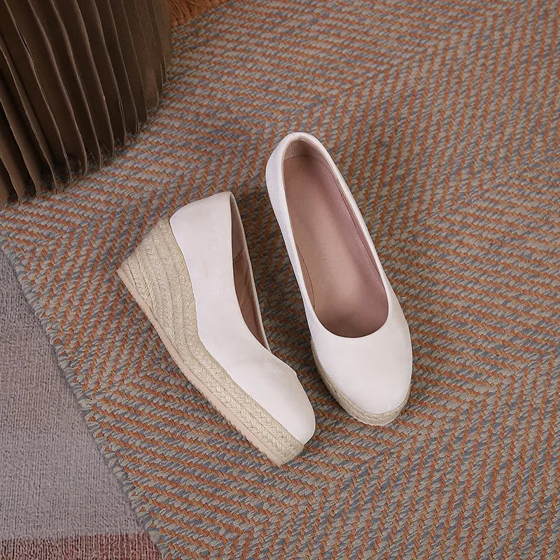 Women's wedge heel pumps with thick sole and shallow mouth design in black, white, and apricot colour options