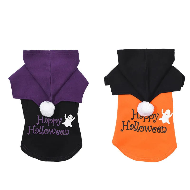 Black and orange Halloween dog costume with pumpkin design showing sweater and shawl two-piece construction