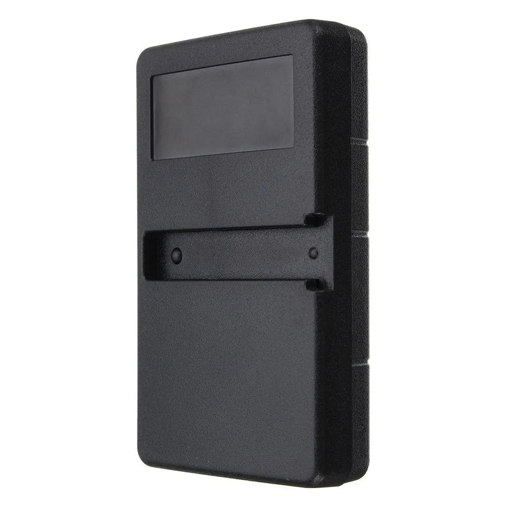 Black three-button garage door remote control with 390 MHz frequency.