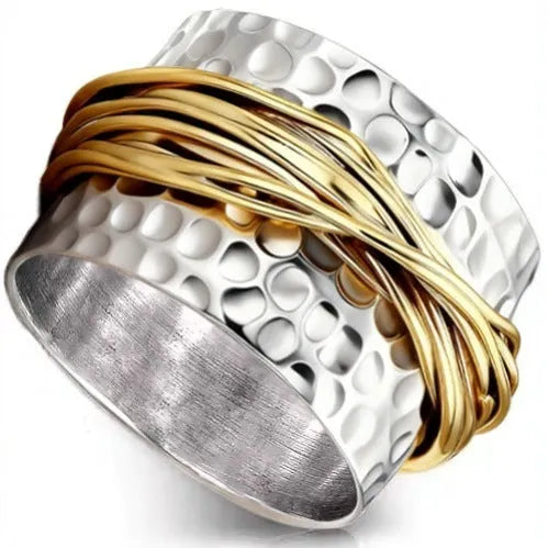 Two-tone hammered metal coil ring in alloy, sizes 6 to 10, electroplated finish