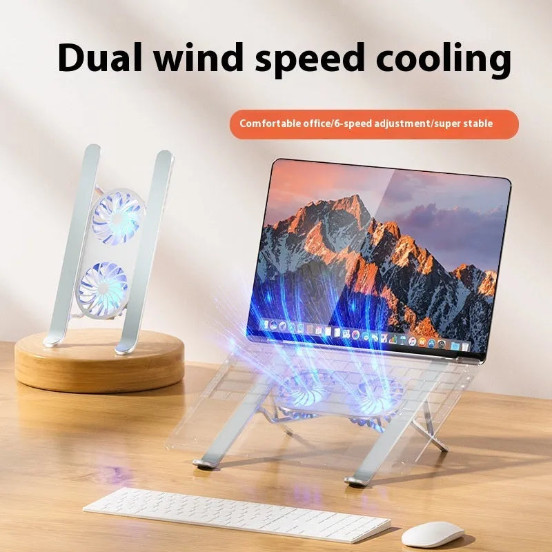 Silver aluminium folding laptop stand with twin cooling fans deployed on a desk.
