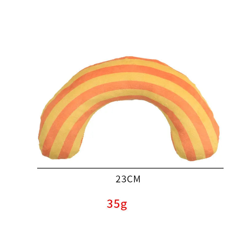 Striped pattern cat pillow toy with noise features and catnip strip in green colour