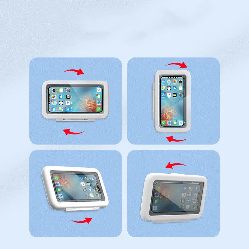 Waterproof plastic phone holder for shower with touch screen in black, pink, or white mounted on bathroom tile