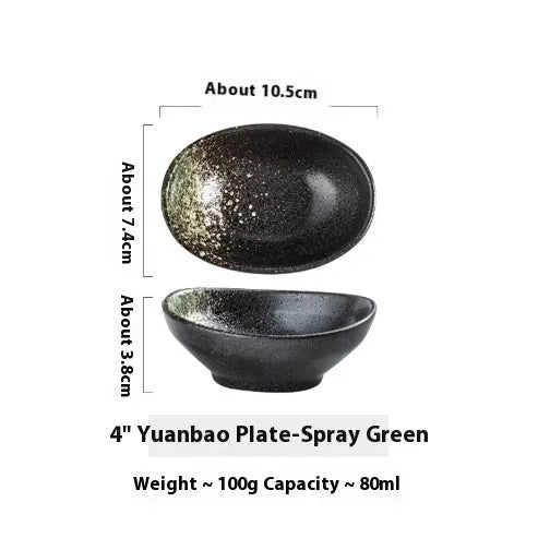 Japanese ceramic oval sauce dipping bowl with decorative glaze pattern