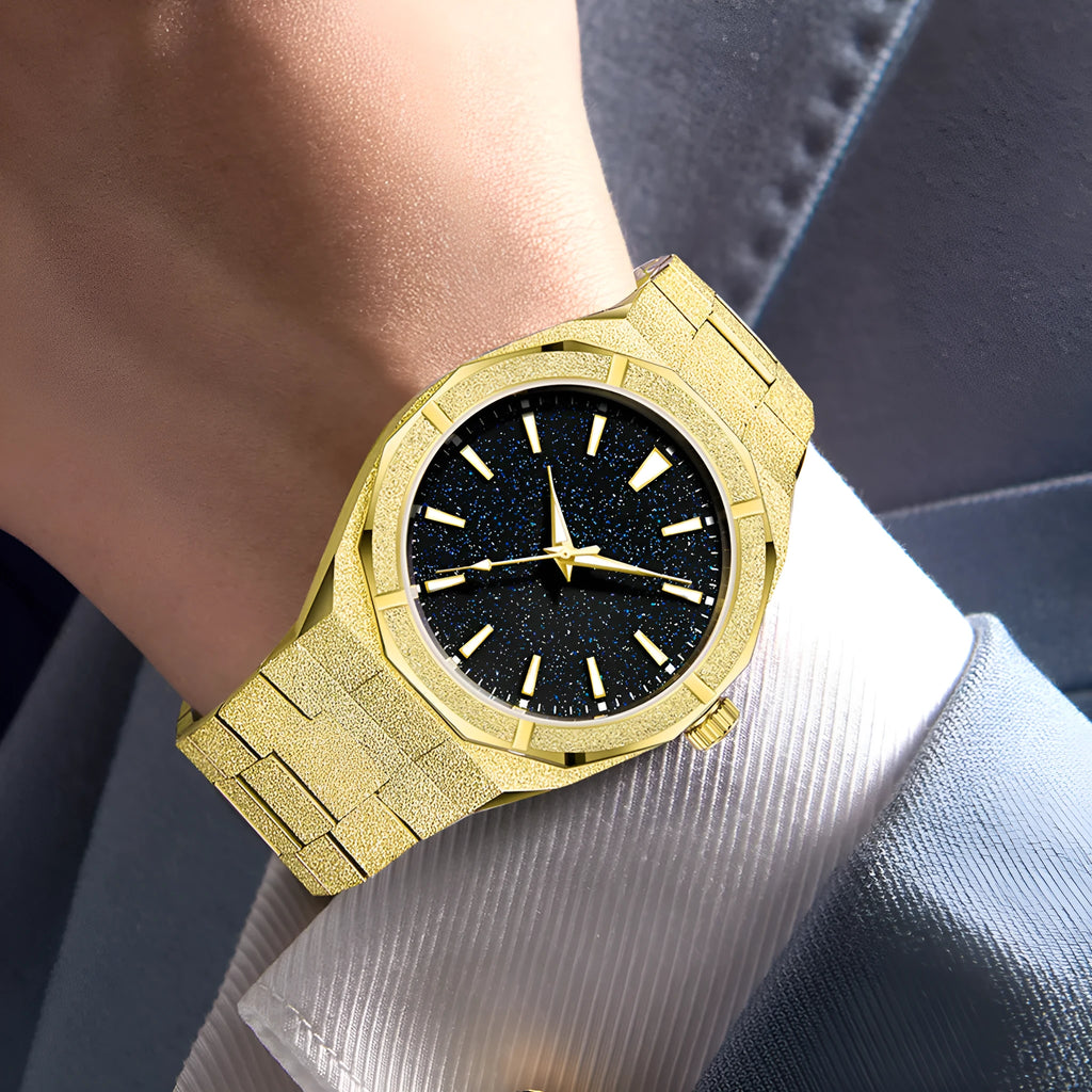 Men's silver frosted stainless steel business watch with luminous dial on a black background.