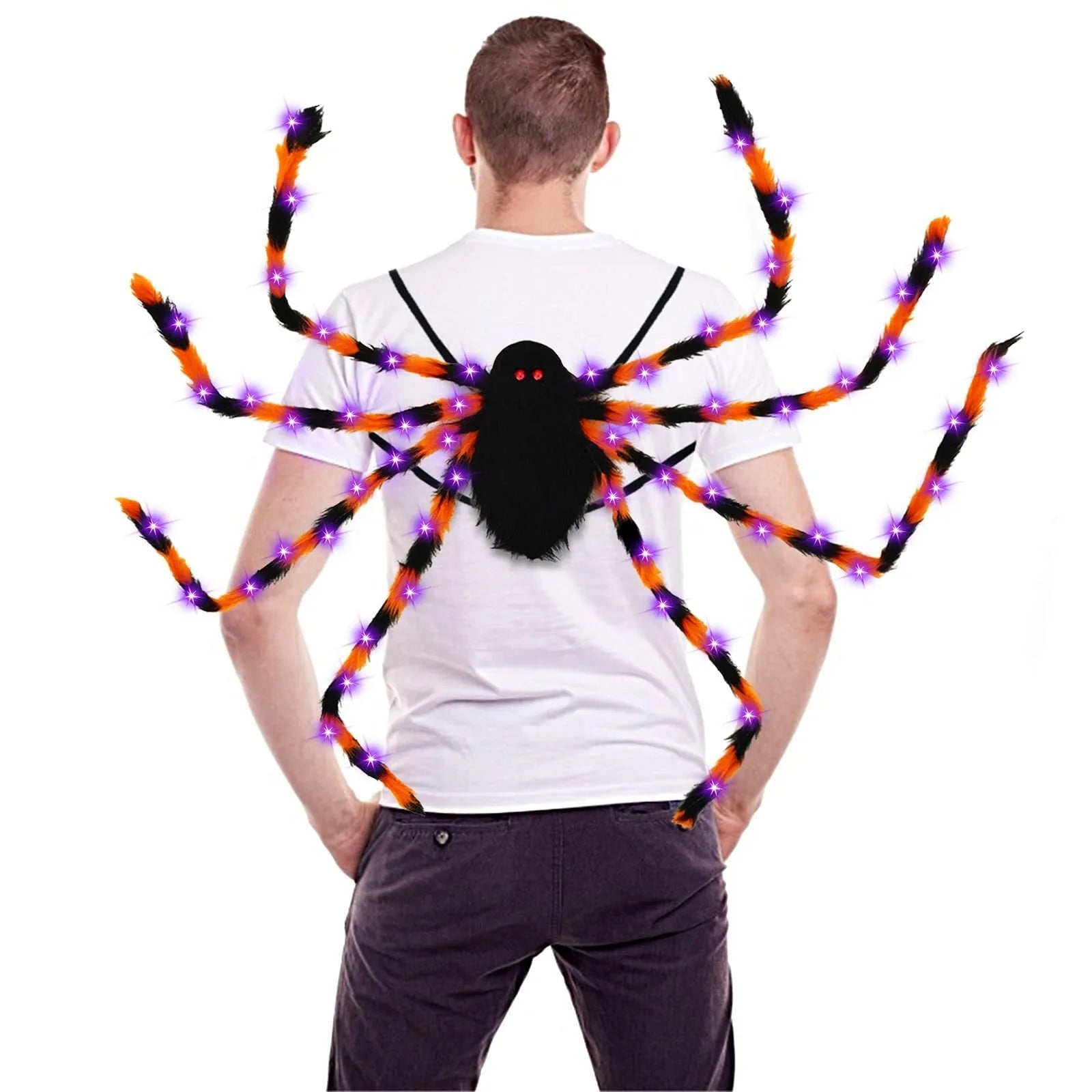 Halloween spider backpack with LED lighting in plush sugar bag design showing colour options