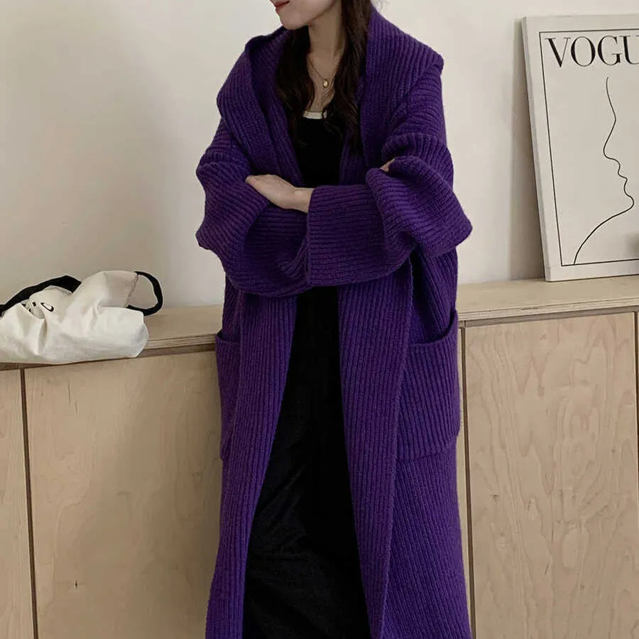 Loose hooded sweatshirt women's extended cardigan coat in milky white black grey purple brown acrylic fabric