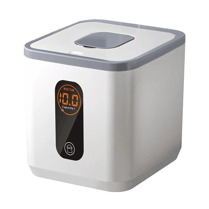 Grey plastic rice storage jar with sealed lid and measuring cup for kitchen pantry organisation