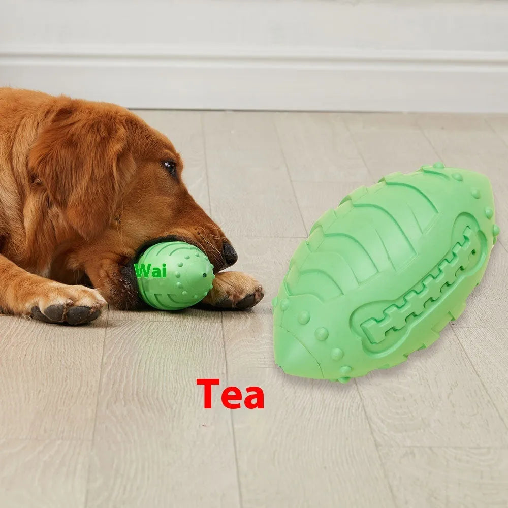 Thickened rubber rugby ball dog toy in light green or sapphire blue for interactive training