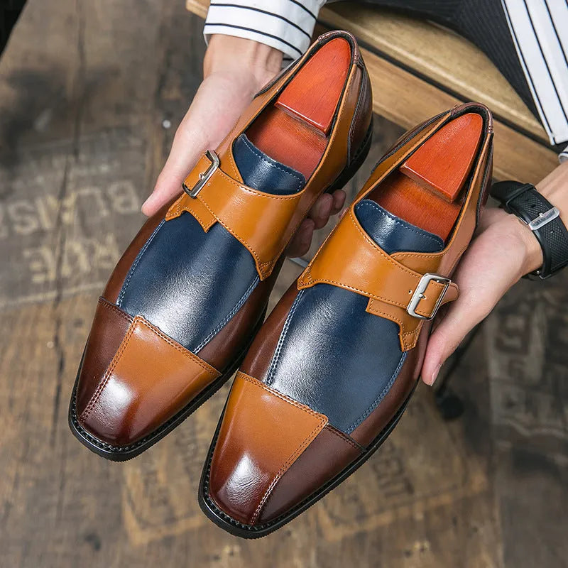 Men's brown blue and black retro buckle leather shoes with a tall high upper