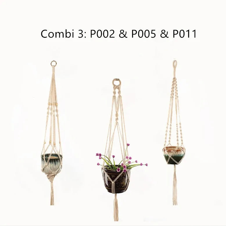 Cotton rope woven wire basket planter shown in desktop, wall hanging, and hanging configurations
