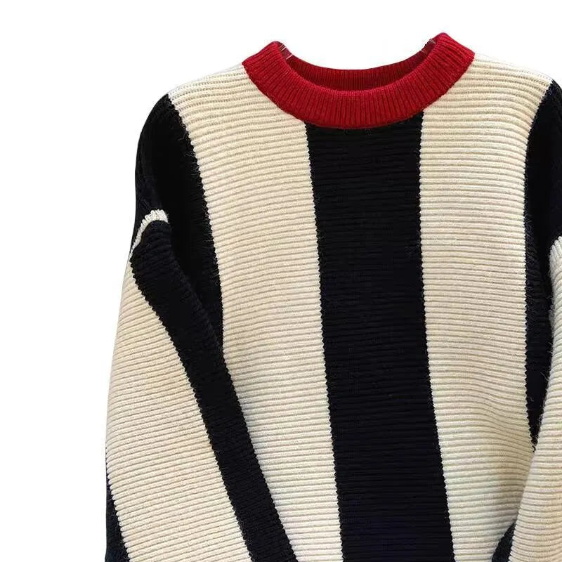 Women's striped cashmere sweater with contrast colour round neck pullover design