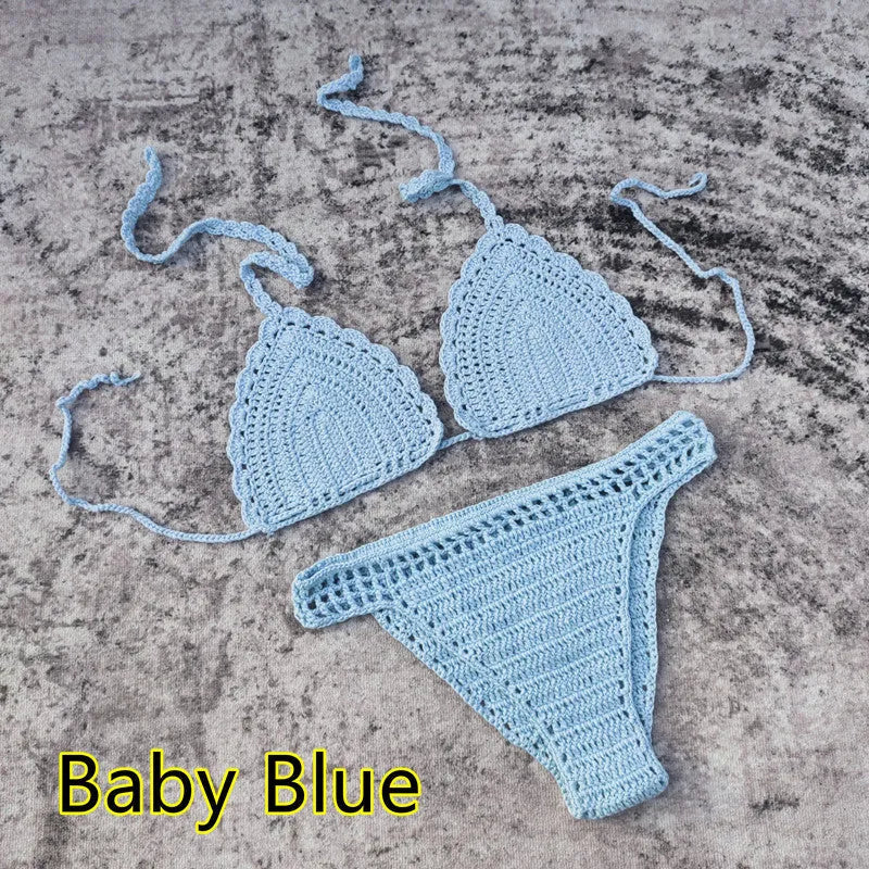 Women's 3-piece handmade crochet bikini set with skirt cover-up in solid colour acrylic fibre