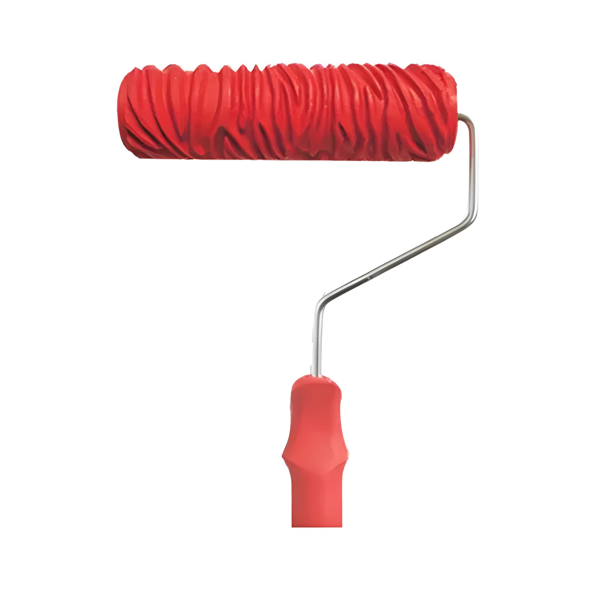 Red 7-inch textured paint embossing roller with patterned rubber head for creating wallpaper effects