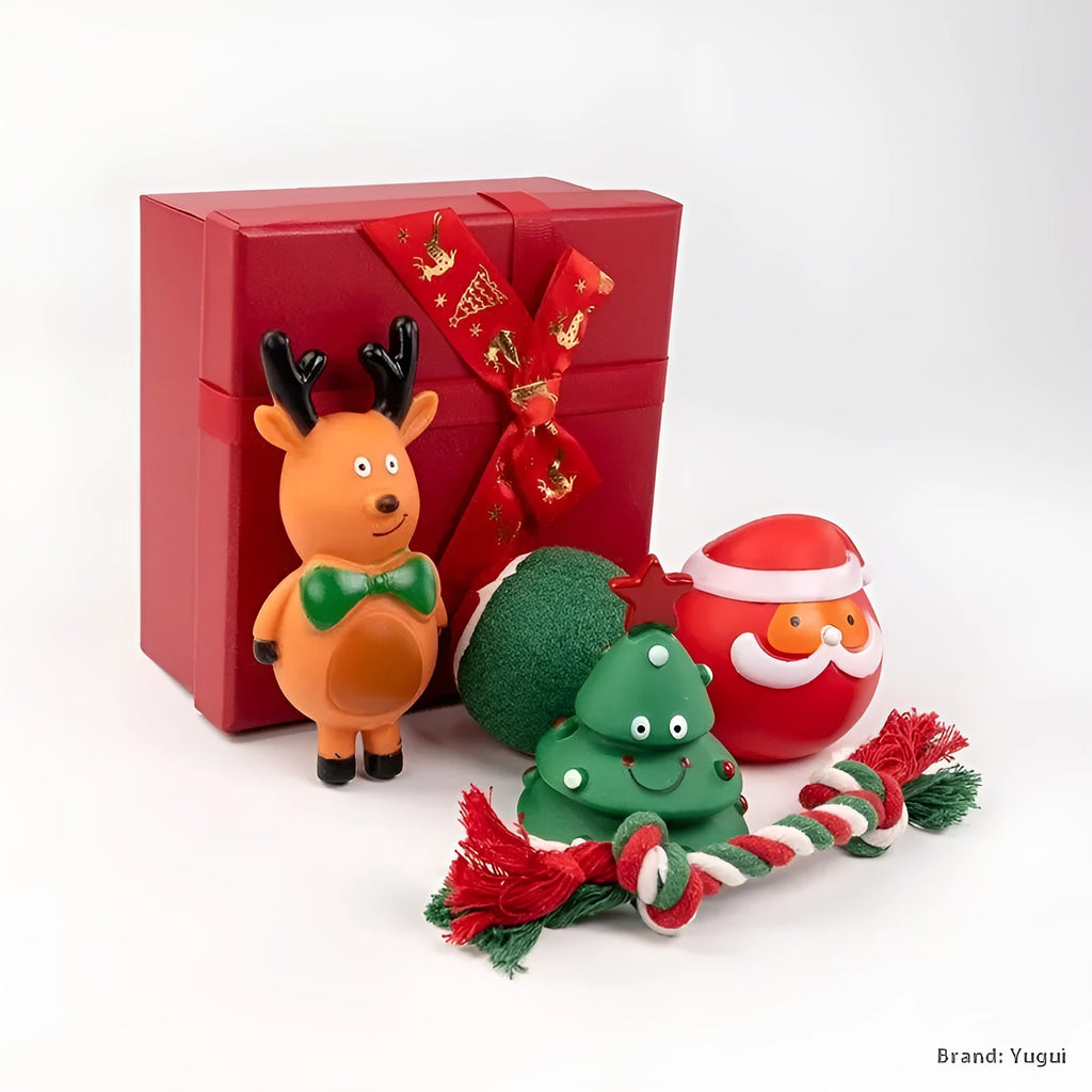 Christmas dog toys vinyl gift sets with bite ropes, tennis balls, Santa heads and festive shapes